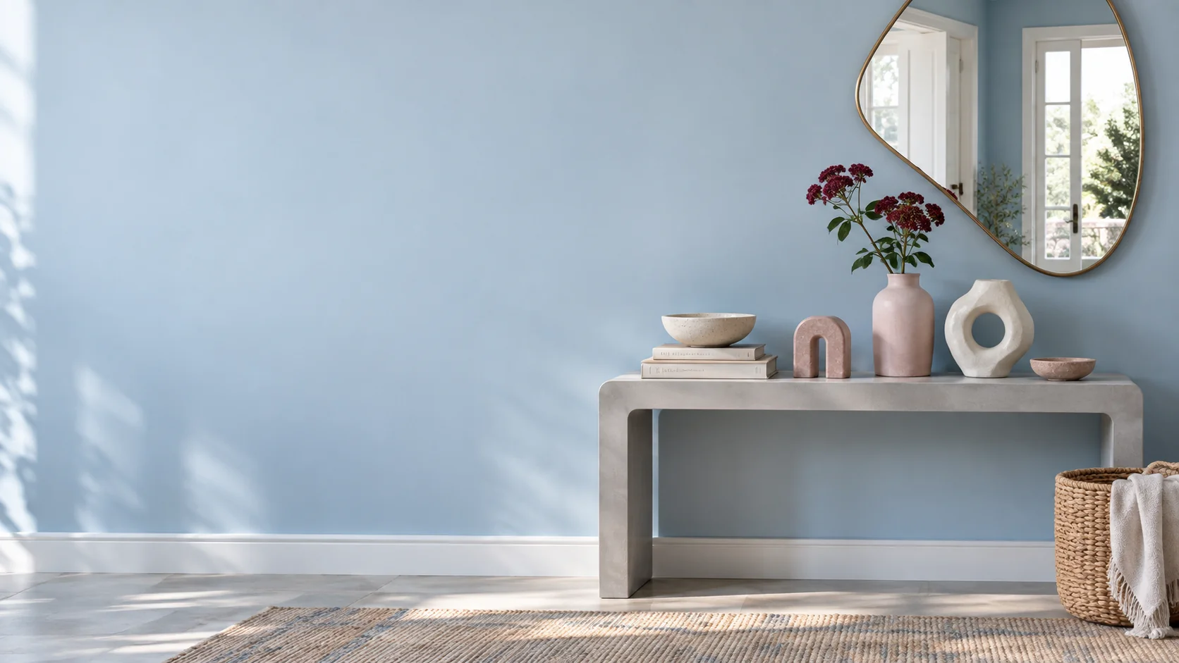 A powder-blue entryway with carefully arranged ceramic decor and flowers