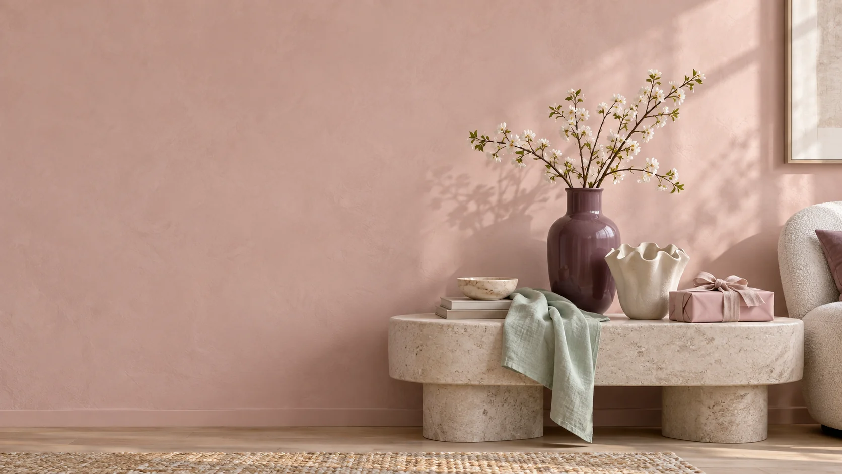 Blush-toned home styling with decorative vessels and a thoughtfully wrapped gift
