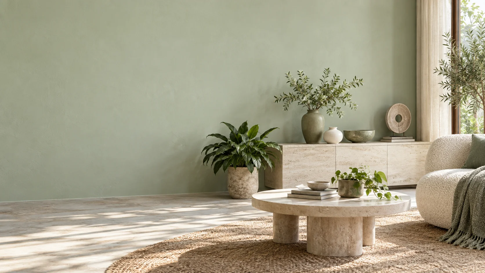 A sage-toned living space styled with sculptural accents and greenery