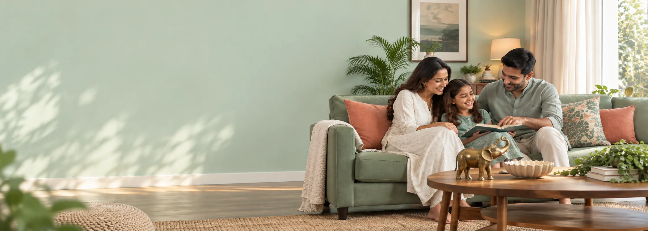 A family sharing a quiet moment in a mint-toned living room with decorative accents