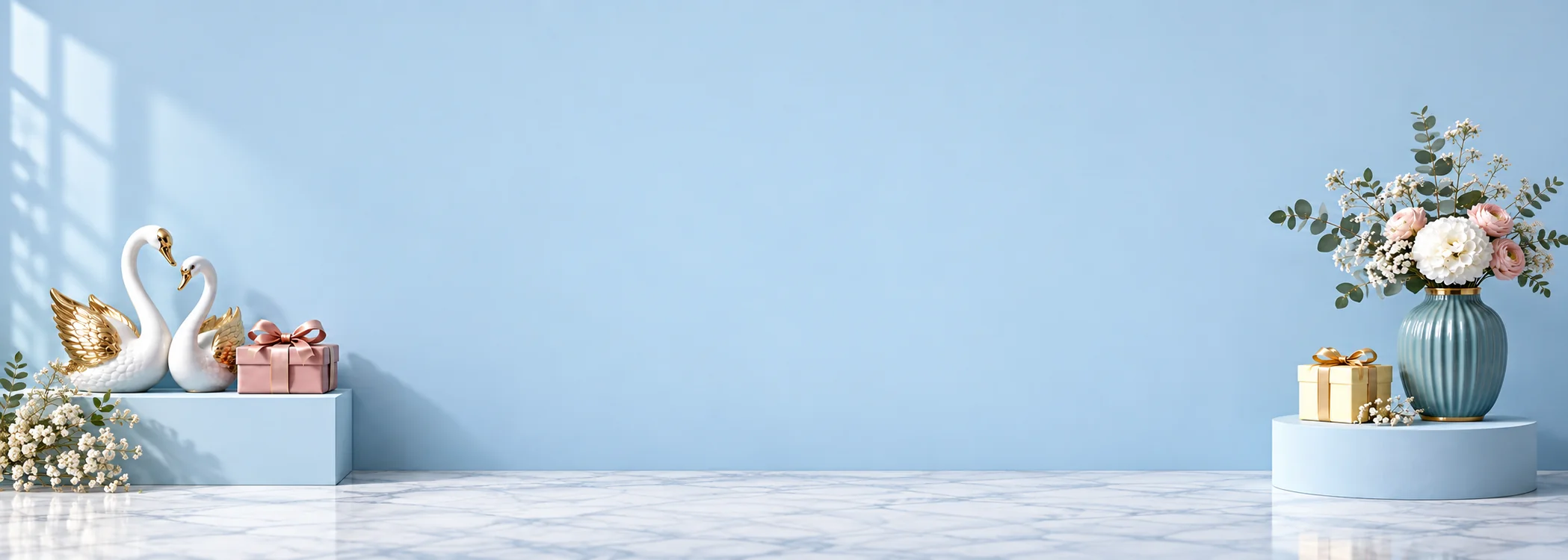 Swan figurines, wrapped gifts and a floral vase against a powder-blue backdrop