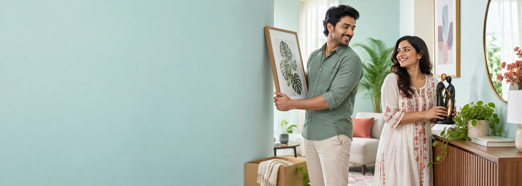 A young couple personalising their new home with artwork and a sculptural accent