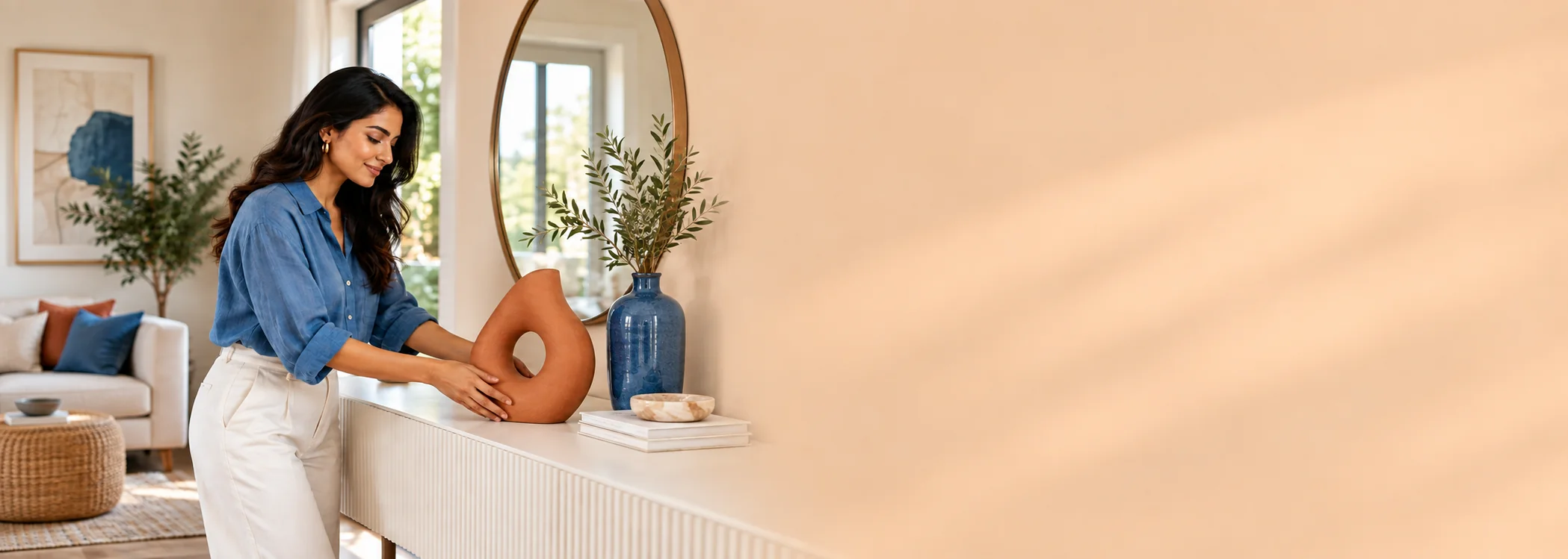 A woman styling an abstract sculpture and a blue vase on a console